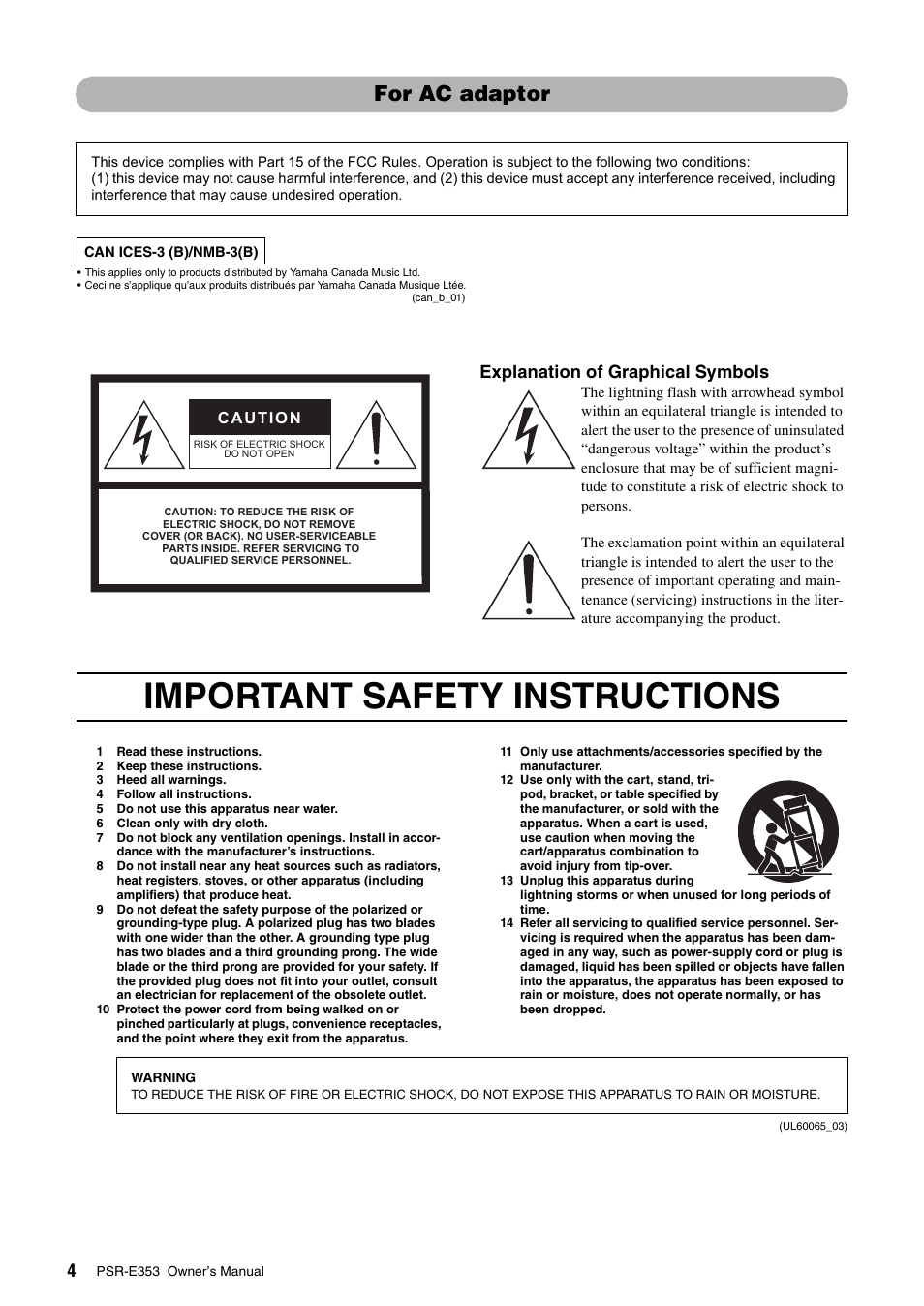 Important safety instructions, For ac adaptor, Explanation of graphical symbols | Yamaha PSR-E353 User Manual | Page 4 / 76