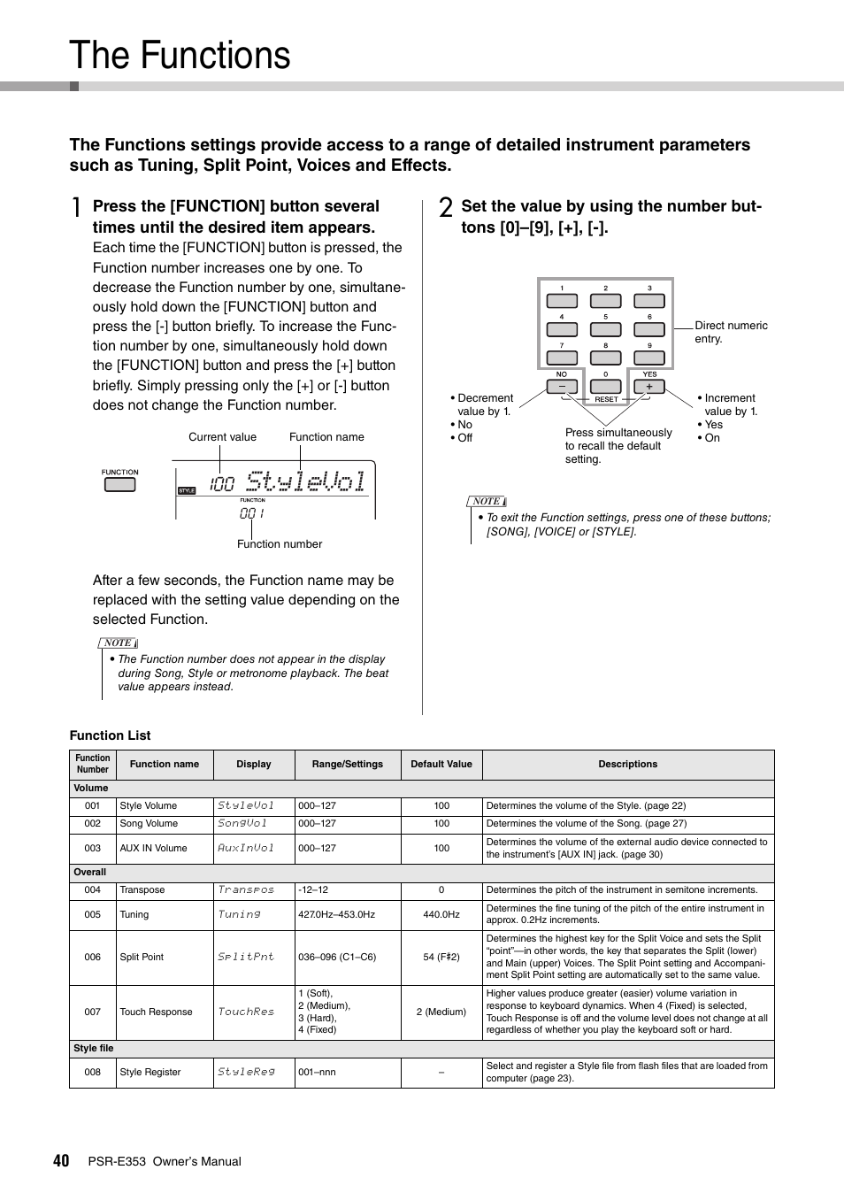 The functions, Stylevol, Set the value by using the number but- tons [0]–[9 | Yamaha PSR-E353 User Manual | Page 40 / 76