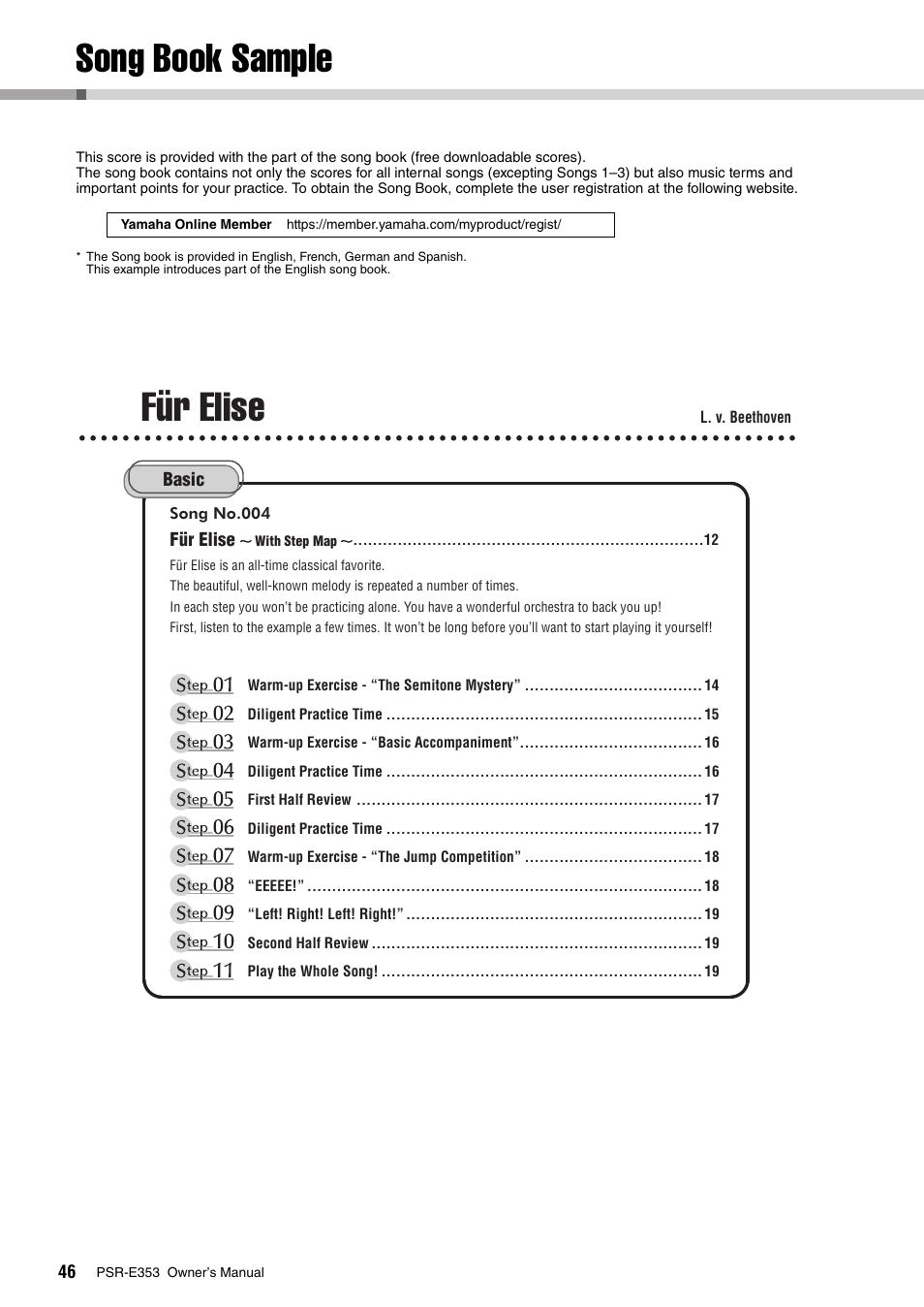 Song book sample, Für elise | Yamaha PSR-E353 User Manual | Page 46 / 76