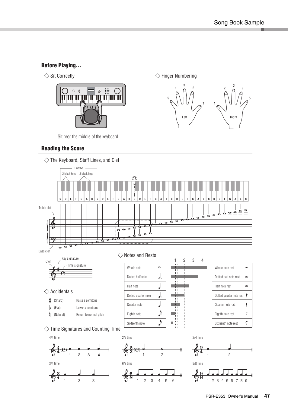 Song book sample, Before playing, Reading the score | Sit correctly finger numbering, Sit near the middle of the keyboard, The keyboard, staff lines, and clef, Time signatures and counting time, Accidentals | Yamaha PSR-E353 User Manual | Page 47 / 76