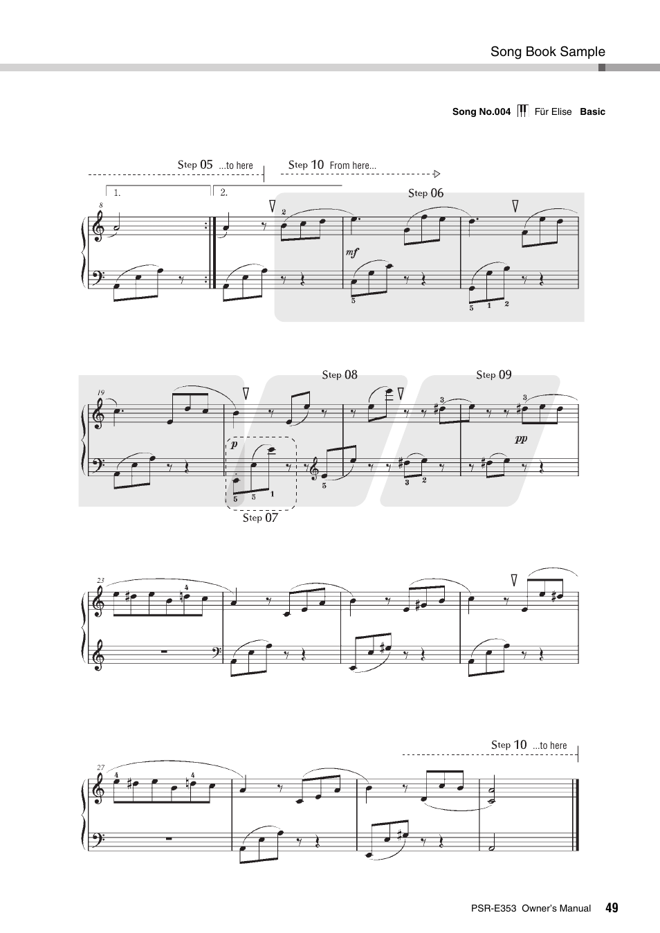 Song book sample | Yamaha PSR-E353 User Manual | Page 49 / 76