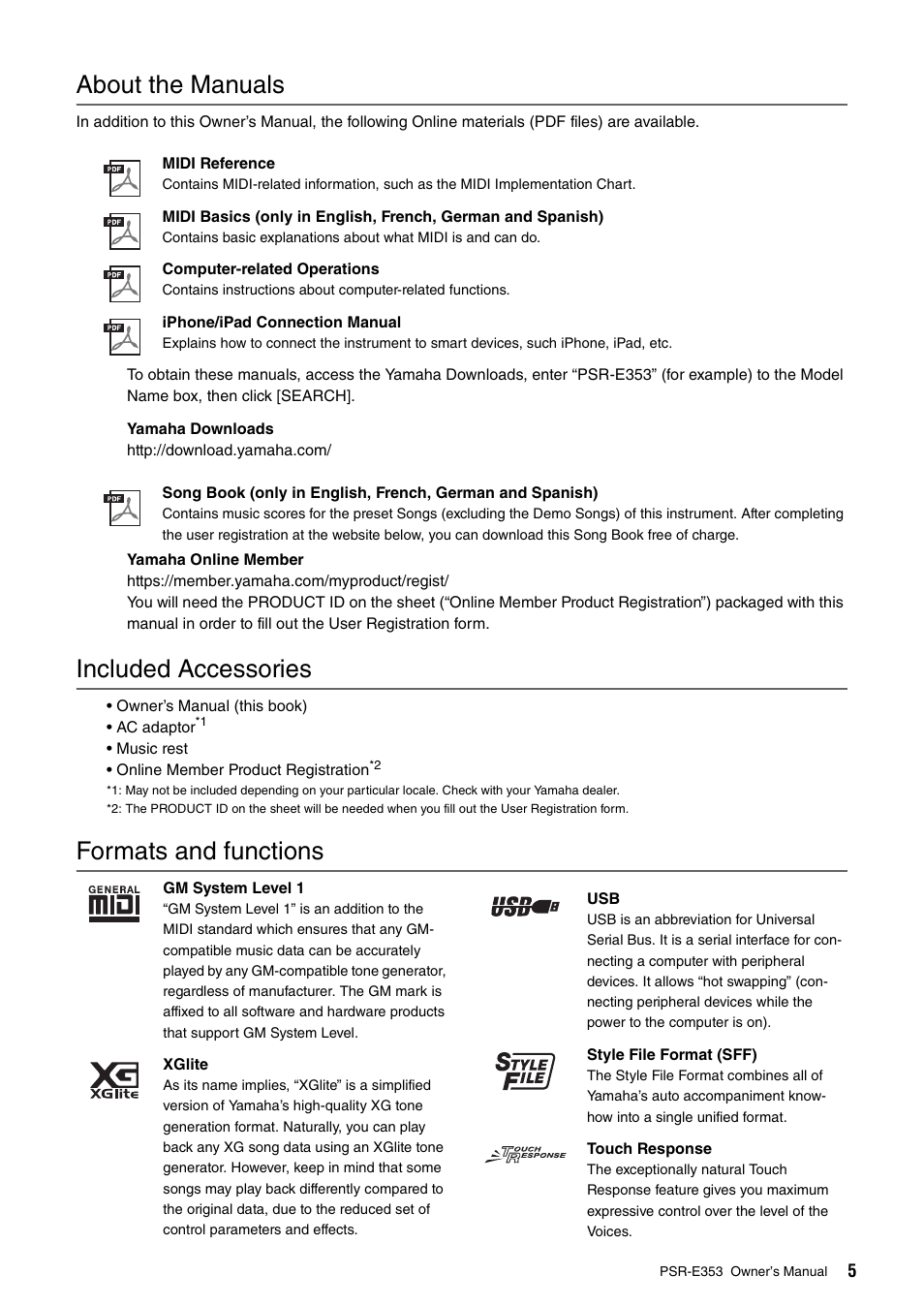 About the manuals, Included accessories, Formats and functions | Yamaha PSR-E353 User Manual | Page 5 / 76