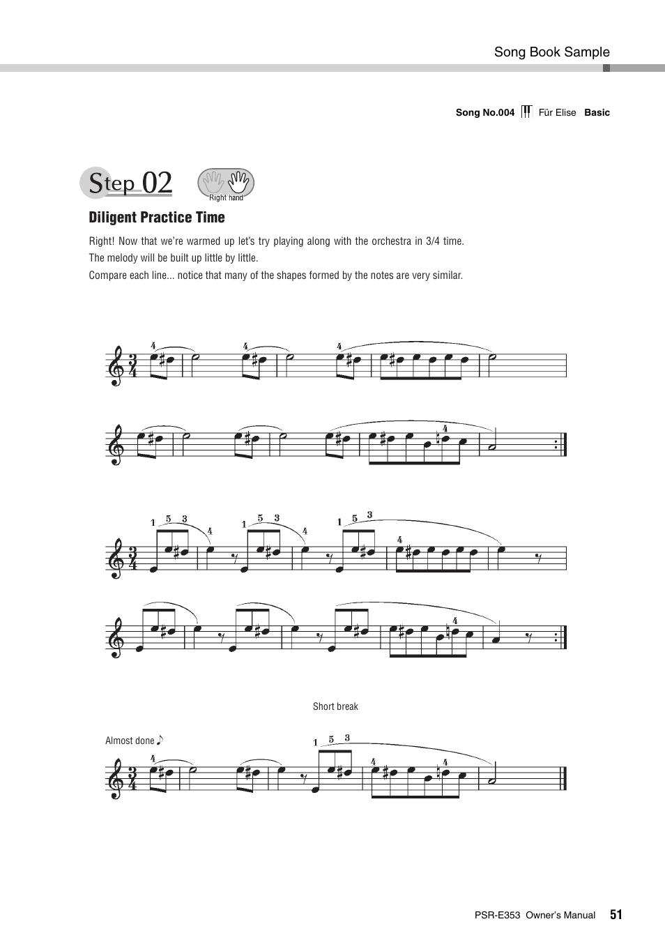 Diligent practice time, Song book sample | Yamaha PSR-E353 User Manual | Page 51 / 76