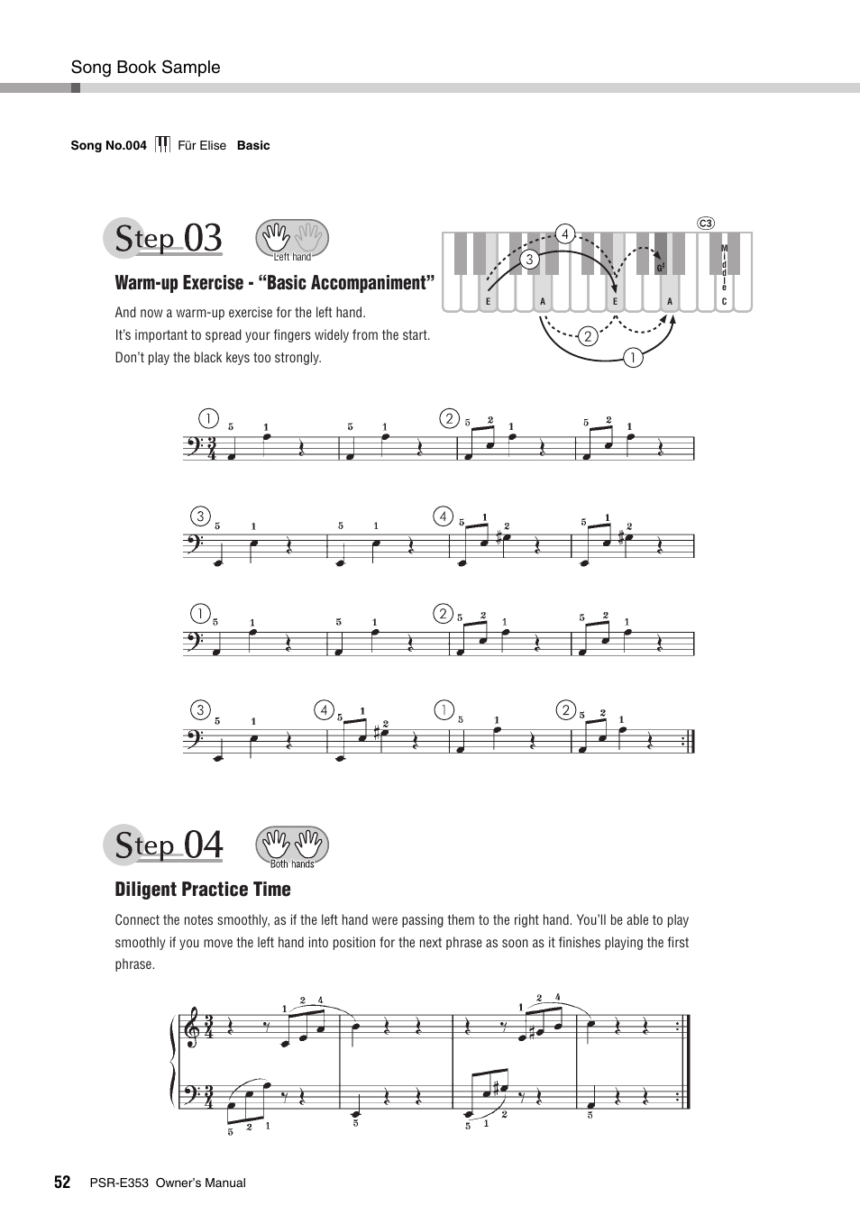 Warm-up exercise - “basic accompaniment, Diligent practice time, Song book sample | Yamaha PSR-E353 User Manual | Page 52 / 76