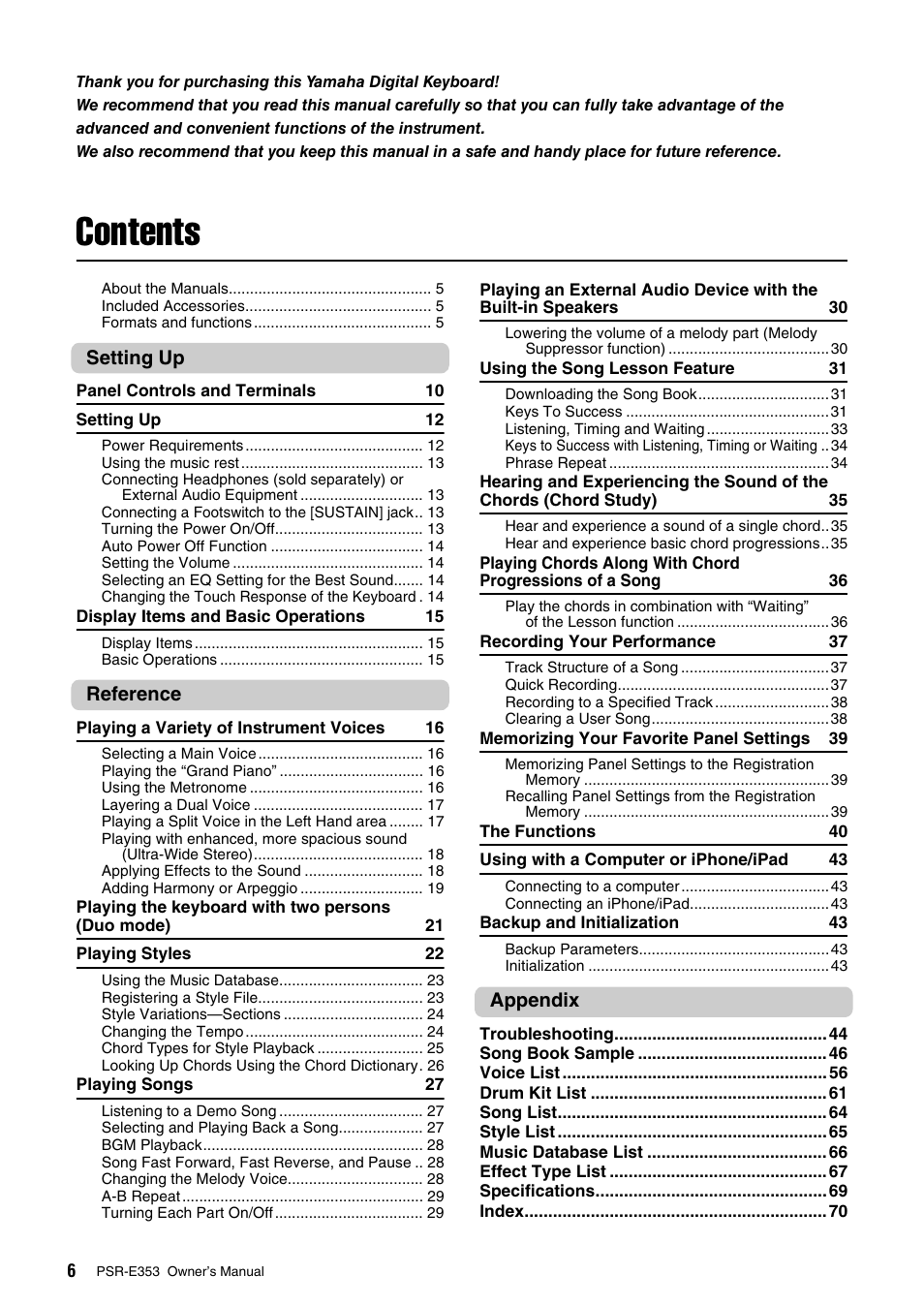 Yamaha PSR-E353 User Manual | Page 6 / 76