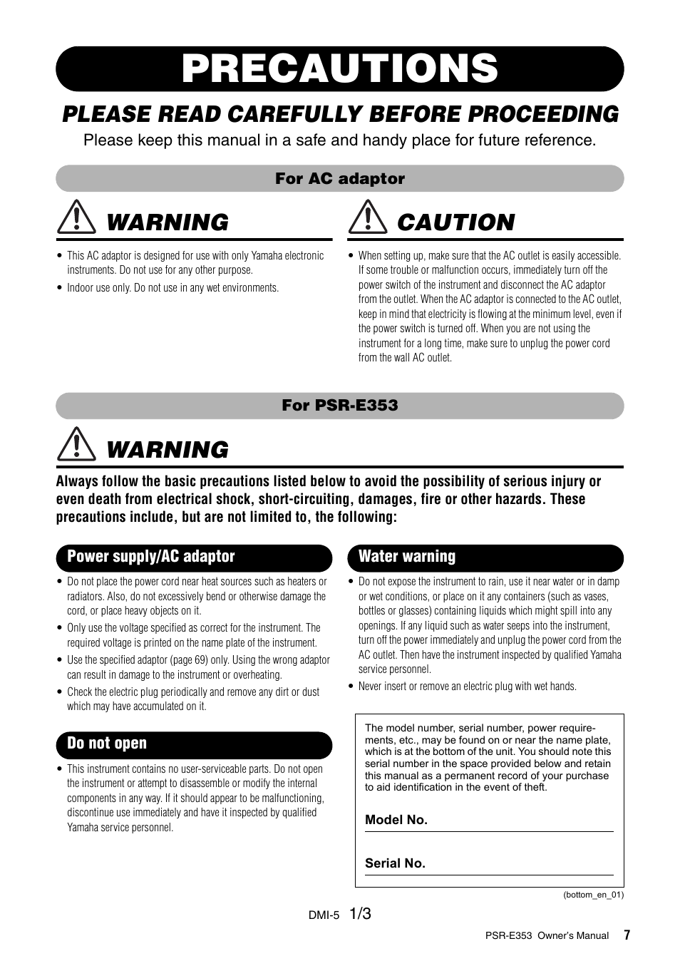Precautions, Please read carefully before proceeding, Warning | Caution | Yamaha PSR-E353 User Manual | Page 7 / 76