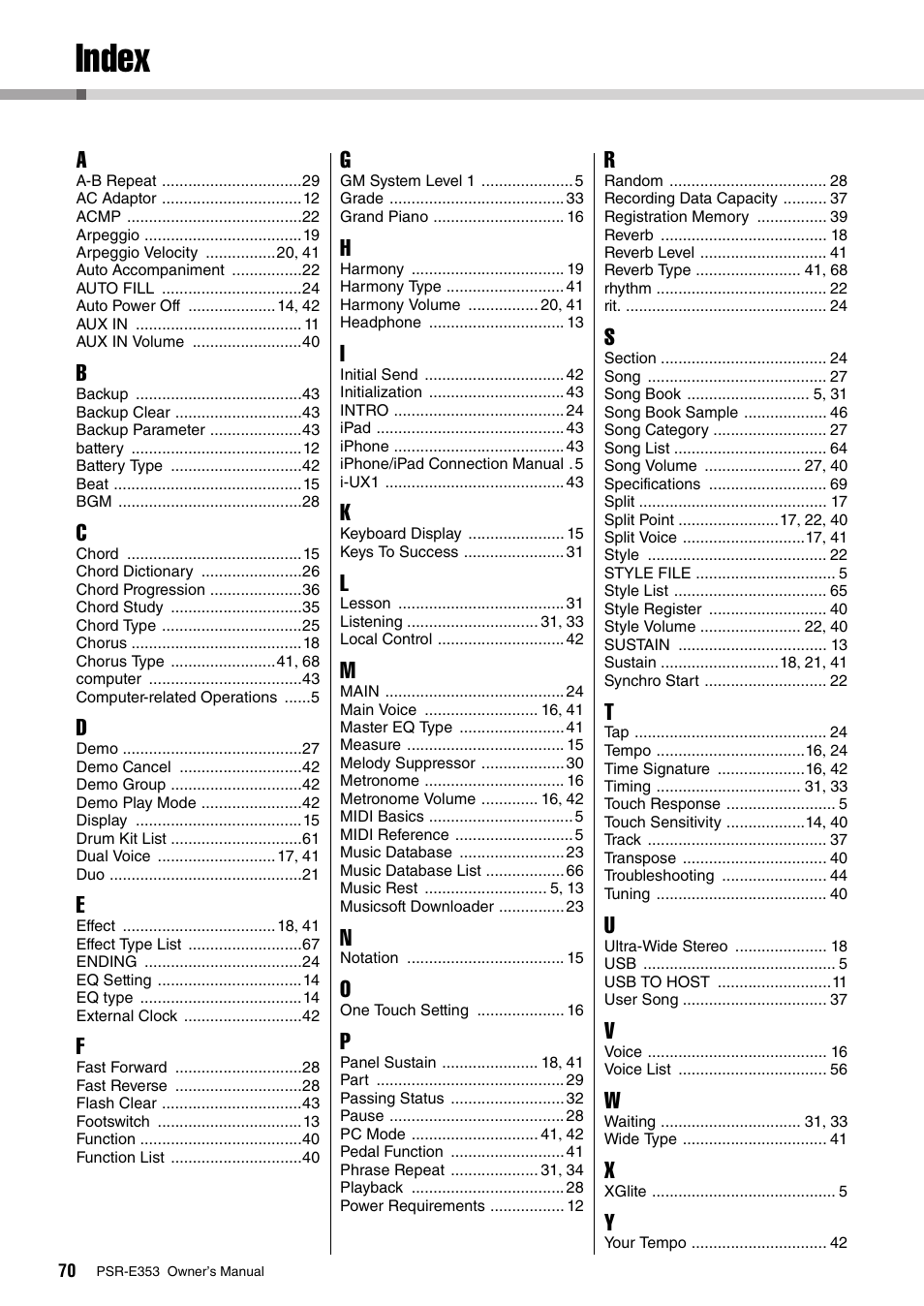 Index | Yamaha PSR-E353 User Manual | Page 70 / 76