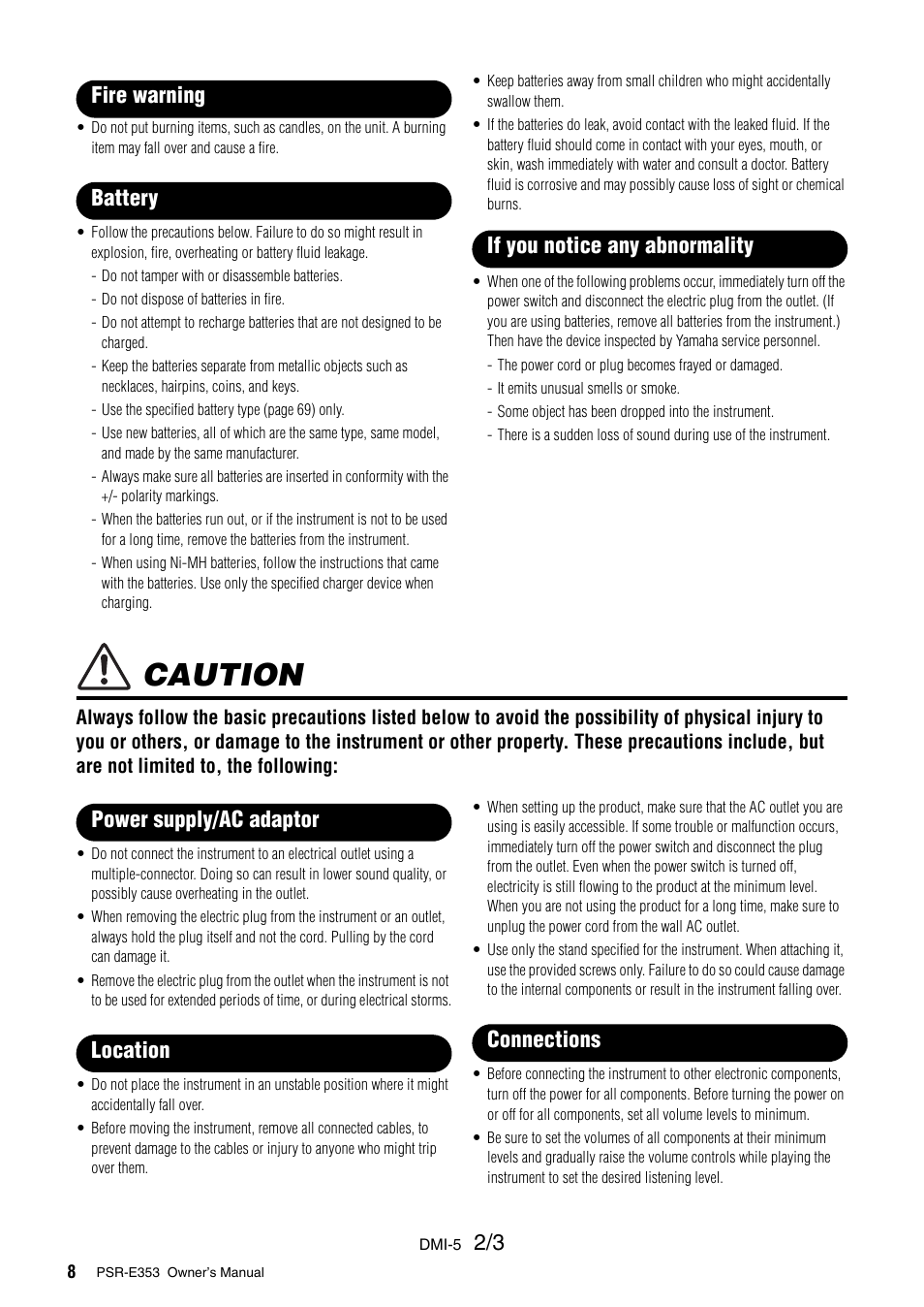 Caution | Yamaha PSR-E353 User Manual | Page 8 / 76