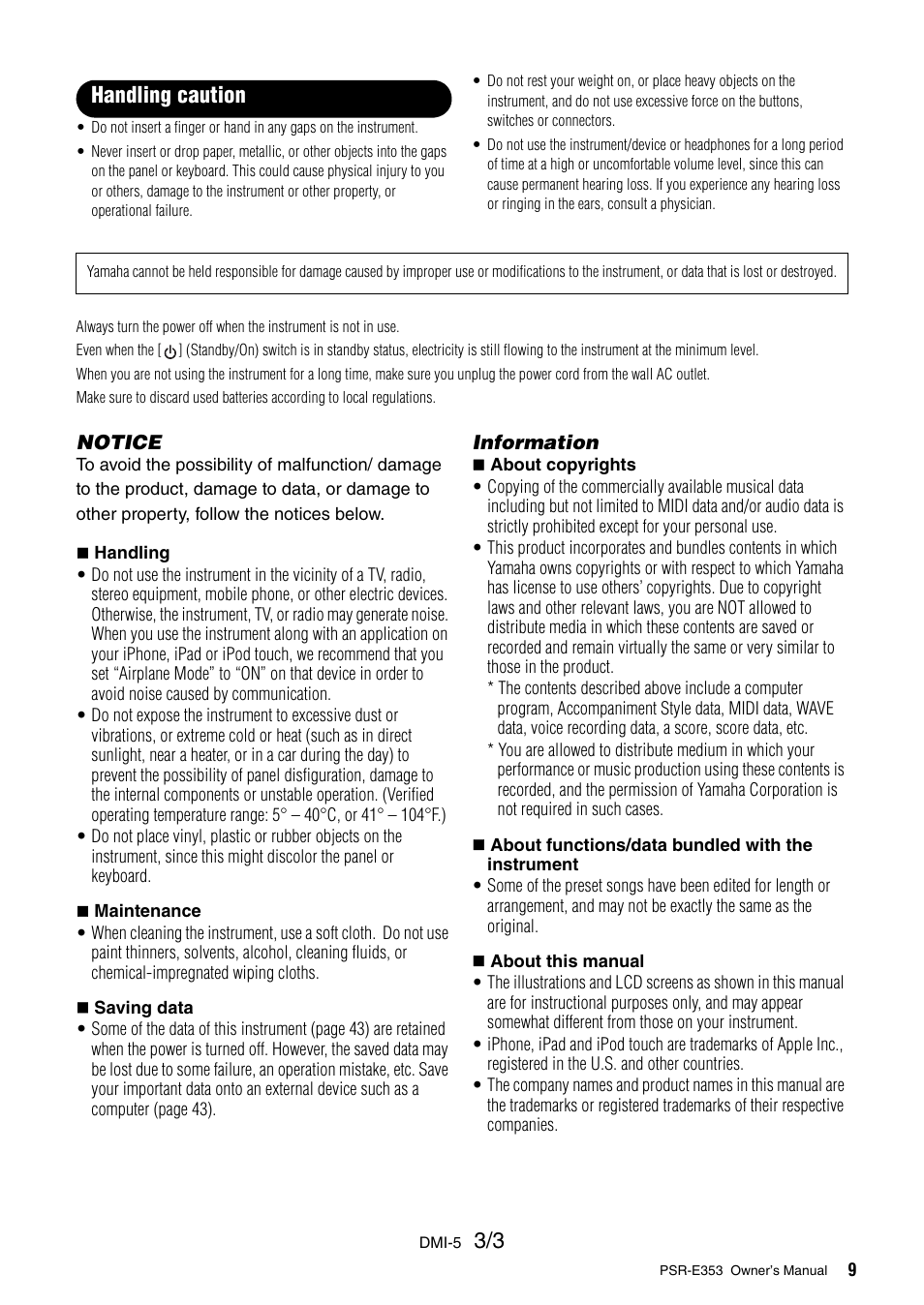 Handling caution | Yamaha PSR-E353 User Manual | Page 9 / 76