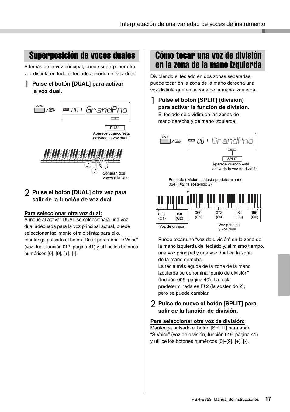 Superposición de voces duales, En la zona de la mano izquierda, Grandpno | Yamaha PSR-E353 User Manual | Page 17 / 76