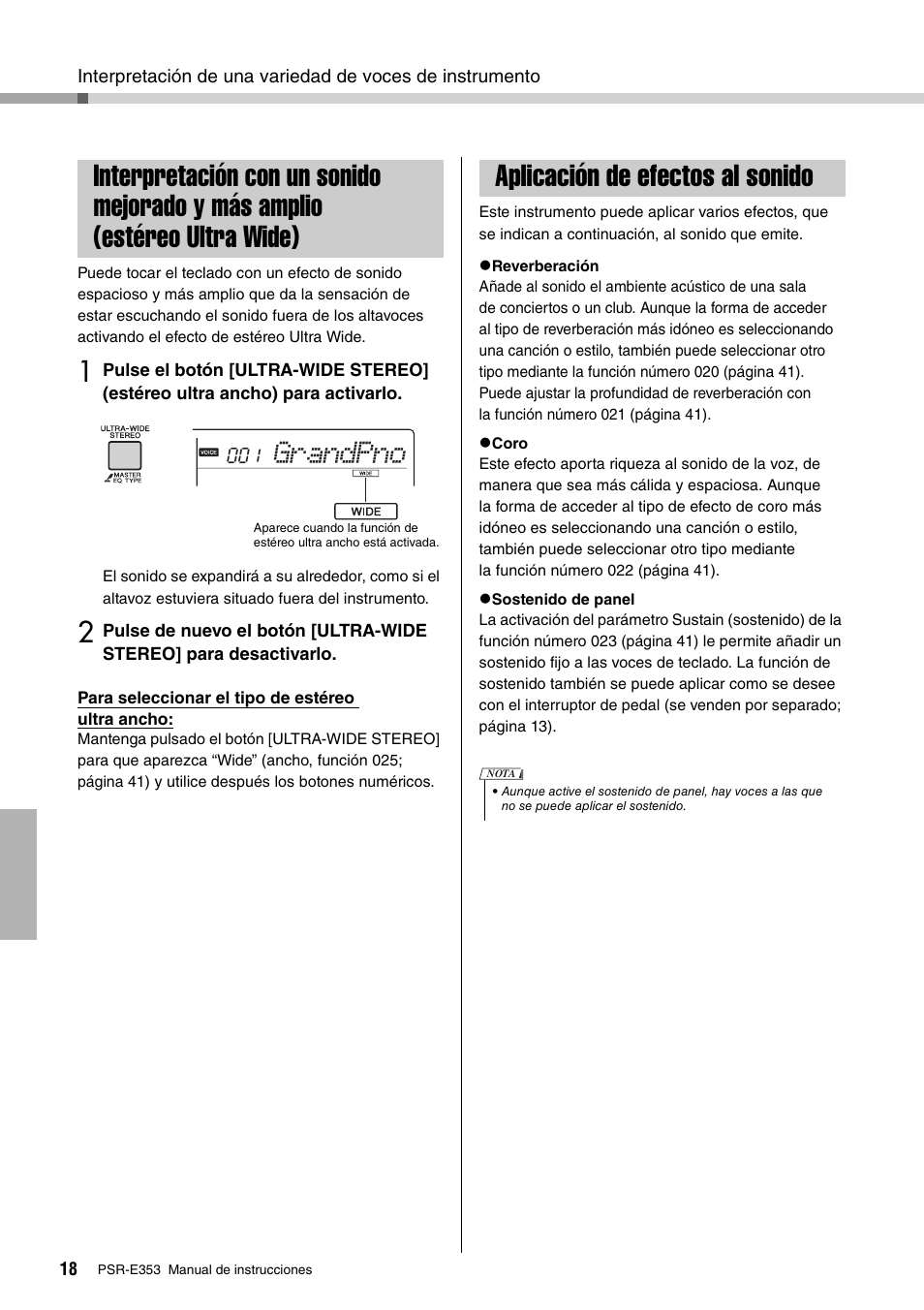 Aplicación de efectos al sonido, Interpretación con un sonido mejorado, Y más amplio (estéreo ultra ancho) | Grandpno | Yamaha PSR-E353 User Manual | Page 18 / 76