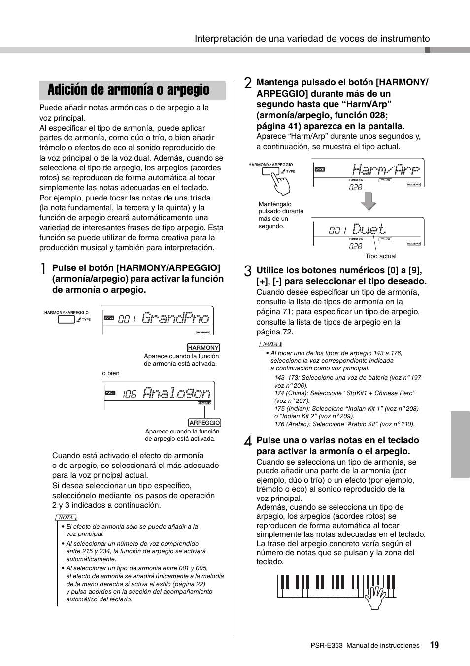 Adición de armonía o arpegio, Grandpno, Analogon | Duet, Harm/arp | Yamaha PSR-E353 User Manual | Page 19 / 76