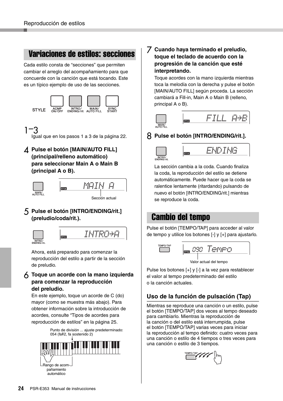 Variaciones de estilos: secciones, Cambio del tempo, Variaciones de estilos: secciones cambio del tempo | Main a, Intro≥a, Fill a≥b ending tempo | Yamaha PSR-E353 User Manual | Page 24 / 76