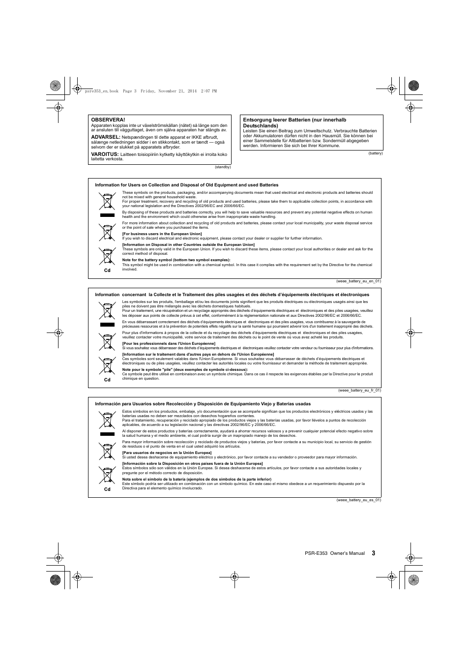 Yamaha PSR-E353 User Manual | Page 3 / 76