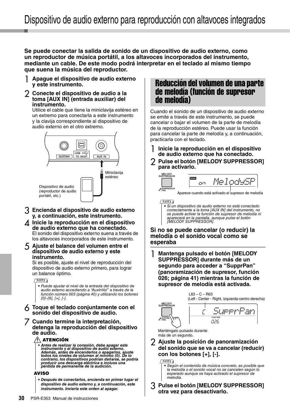 Reducción del volumen de una parte de melodía, Función de supresor de melodía), Melodysp | Supprpan | Yamaha PSR-E353 User Manual | Page 30 / 76