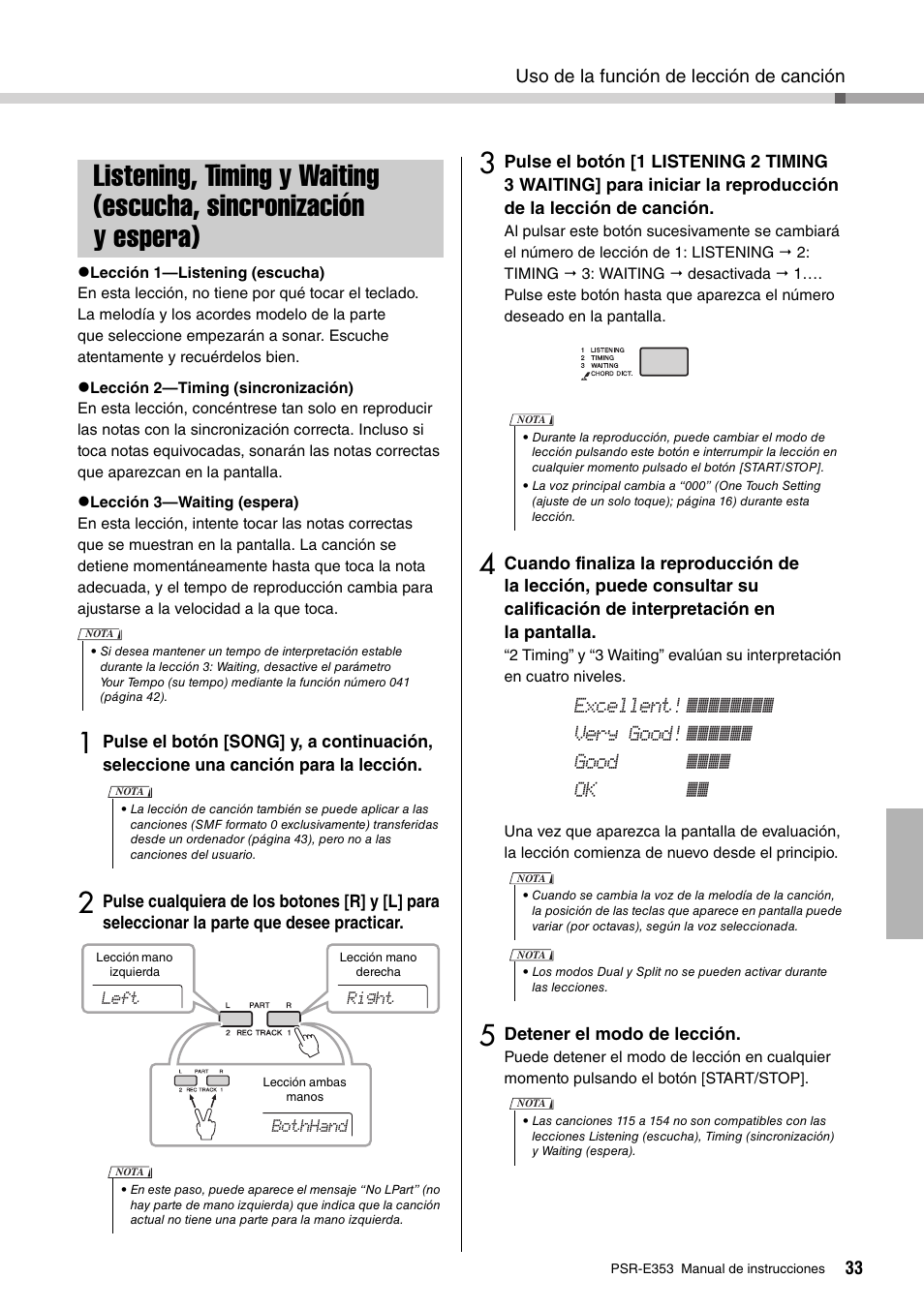 Listening, timing y waiting, Escucha, sincronización y espera), Excellent! very good! good ok | Yamaha PSR-E353 User Manual | Page 33 / 76