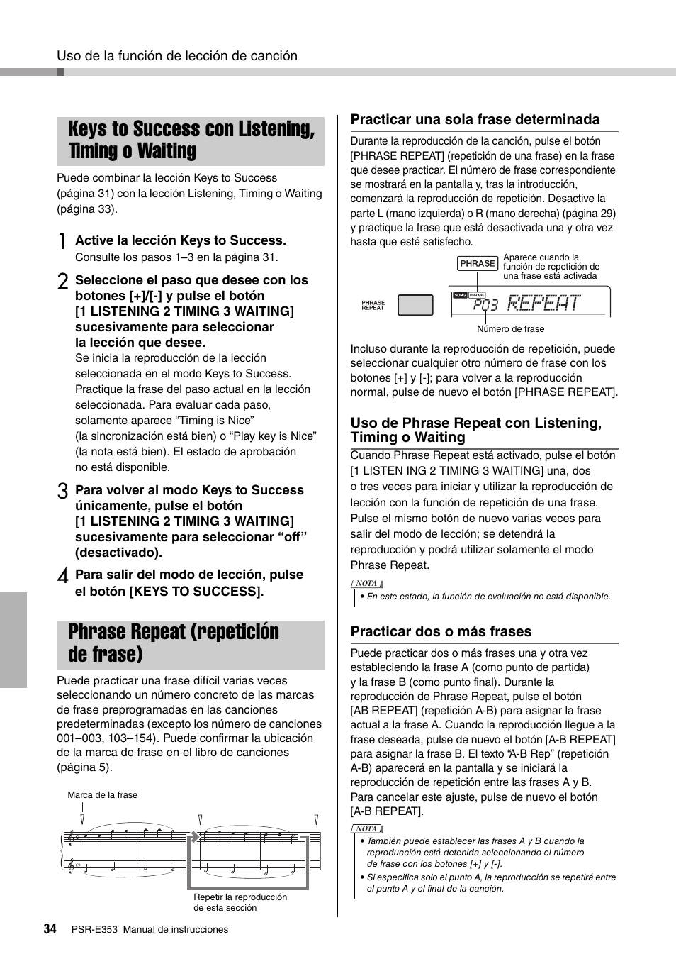 Keys to success con listening, timing o waiting, Phrase repeat (repetición de frase), Repeat | Yamaha PSR-E353 User Manual | Page 34 / 76