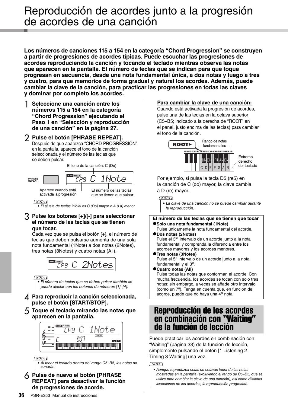 Reproducción de los acordes en combinación, Con “waiting” de la función de lección | Yamaha PSR-E353 User Manual | Page 36 / 76