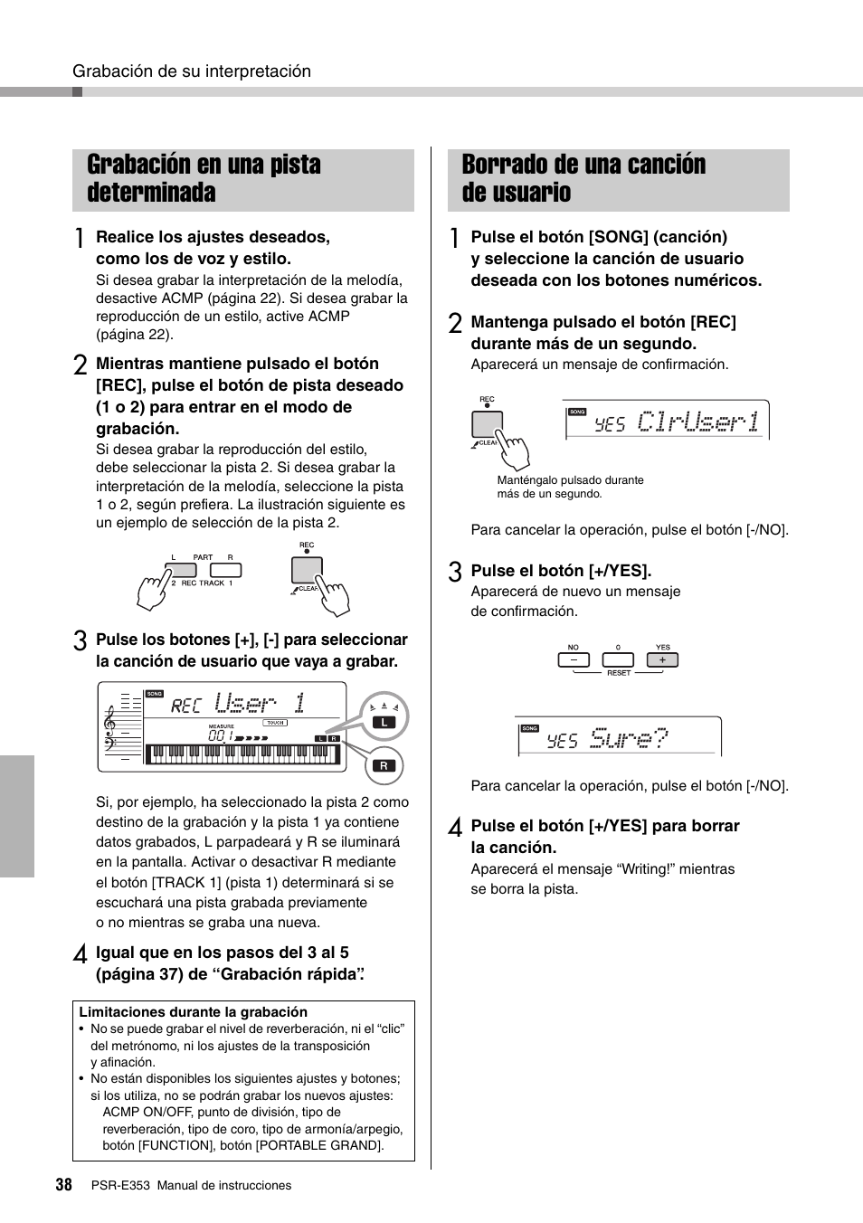 Grabación en una pista determinada, Borrado de una canción de usuario, User 1 | Clruser1, Sure | Yamaha PSR-E353 User Manual | Page 38 / 76