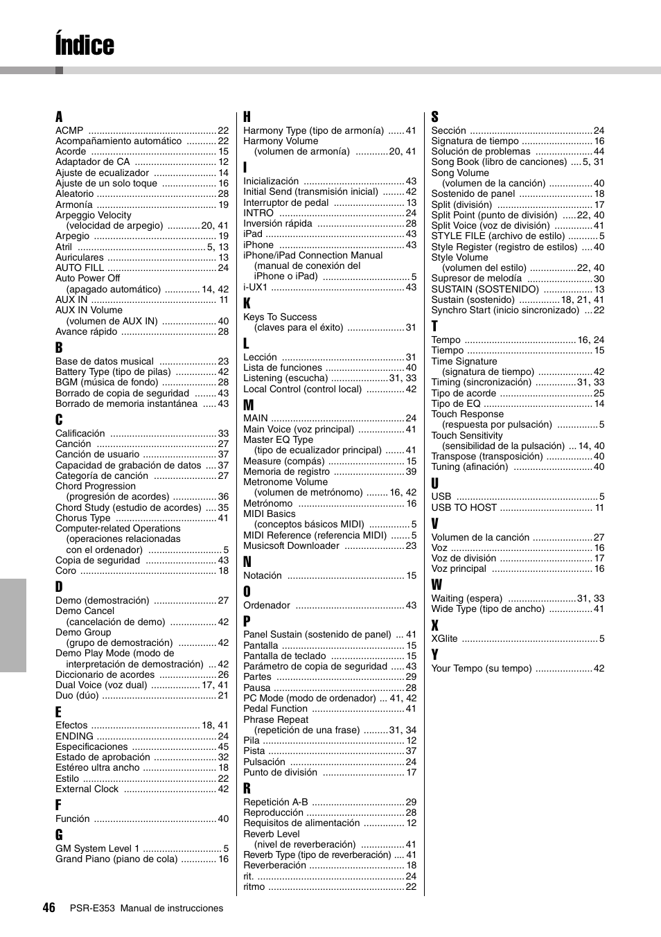 Índice | Yamaha PSR-E353 User Manual | Page 46 / 76