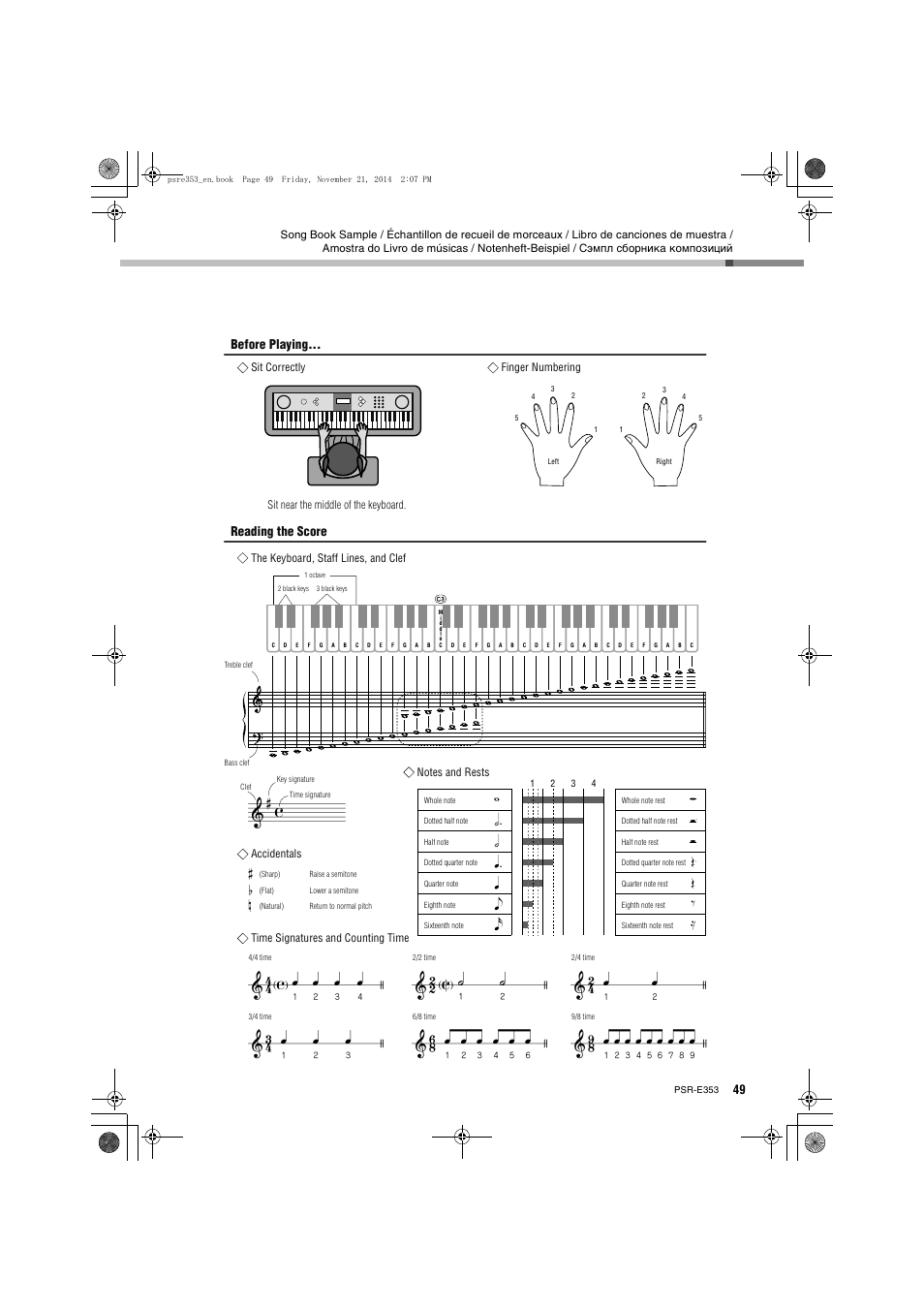 Before playing, Reading the score, Sit correctly finger numbering | Sit near the middle of the keyboard, The keyboard, staff lines, and clef, Time signatures and counting time, Accidentals | Yamaha PSR-E353 User Manual | Page 49 / 76