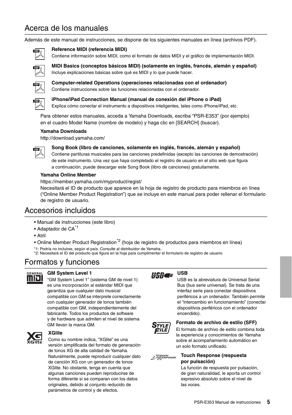 Acerca de los manuales, Accesorios incluidos, Formatos y funciones | Yamaha PSR-E353 User Manual | Page 5 / 76