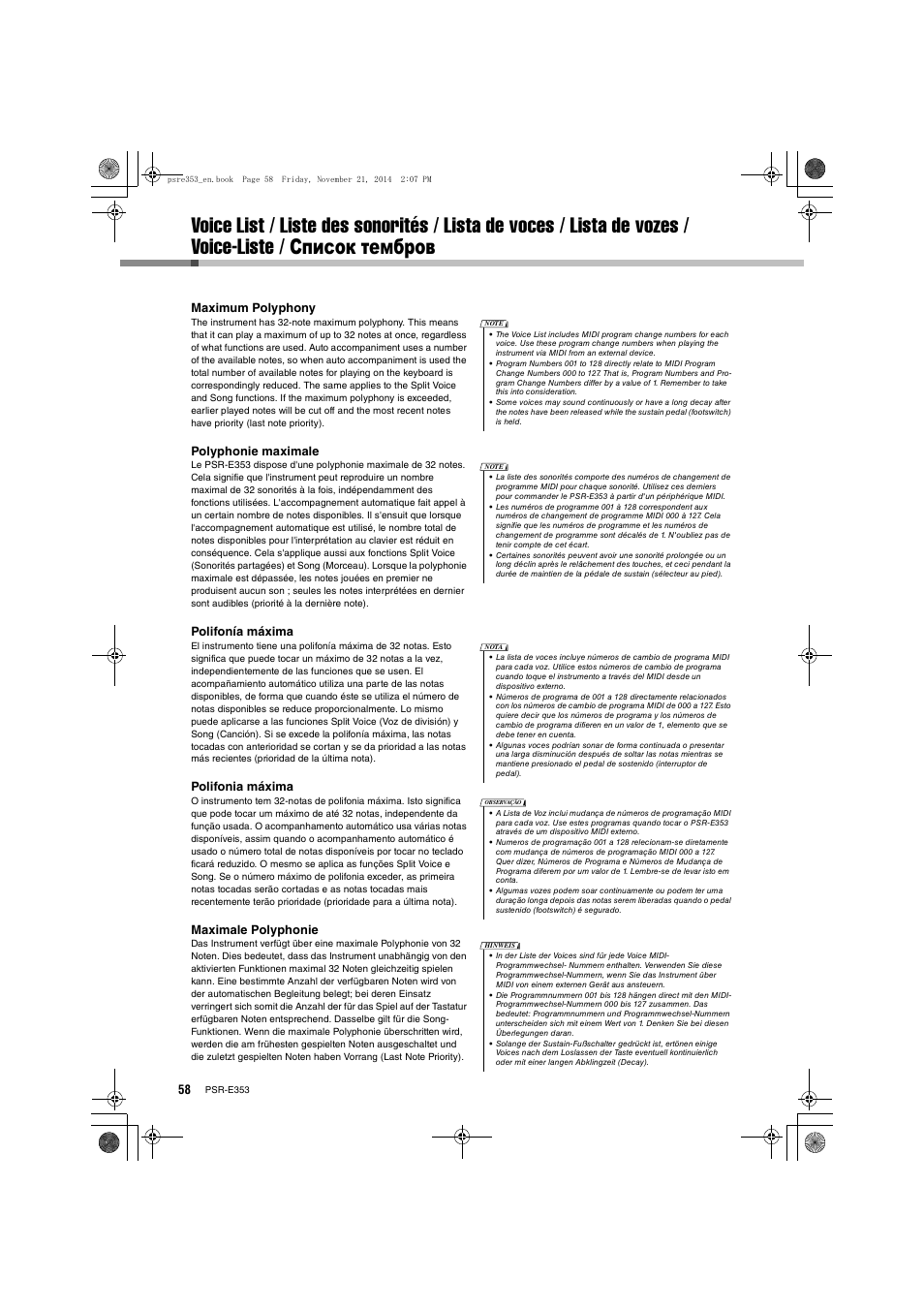 Maximum polyphony, Polyphonie maximale, Polifonía máxima | Polifonia máxima, Maximale polyphonie | Yamaha PSR-E353 User Manual | Page 58 / 76