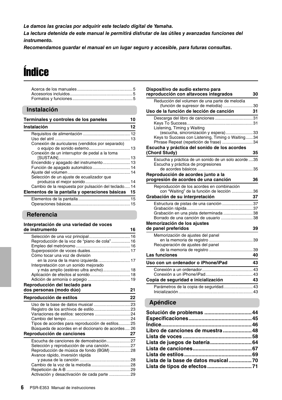 Índice, Instalación, Referencia | Apéndice | Yamaha PSR-E353 User Manual | Page 6 / 76