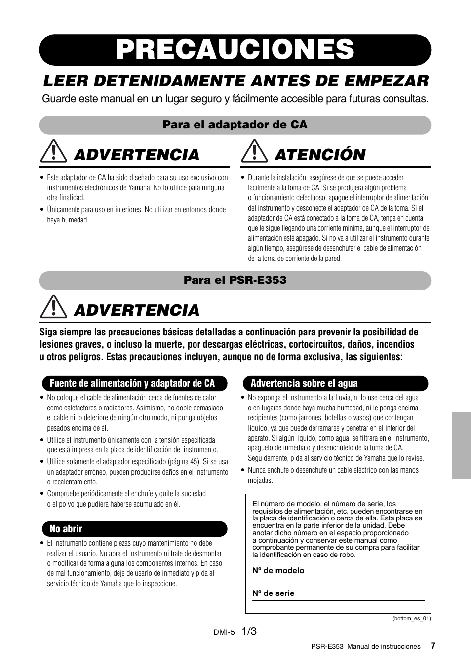 Precauciones, Leer detenidamente antes de empezar, Advertencia | Atención, Para el psr-e353 | Yamaha PSR-E353 User Manual | Page 7 / 76