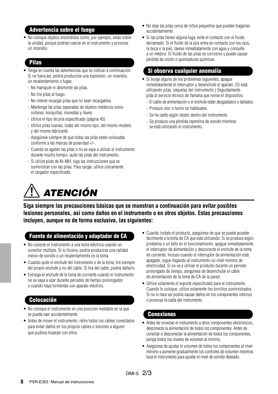 Atención | Yamaha PSR-E353 User Manual | Page 8 / 76