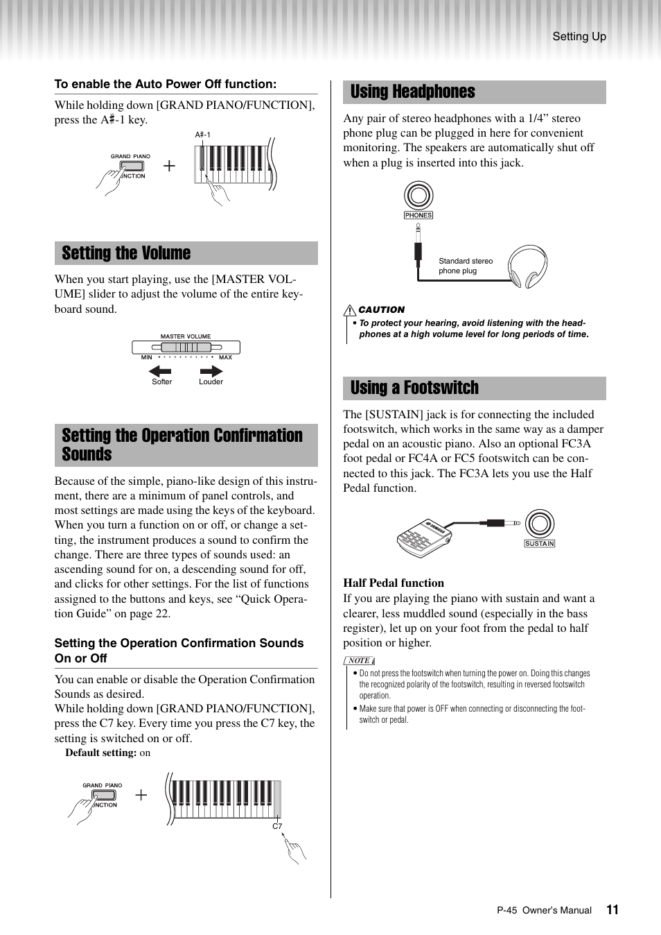 Setting the volume, Setting the operation confirmation sounds, Using headphones | Using a footswitch | Yamaha P-45 User Manual | Page 11 / 24