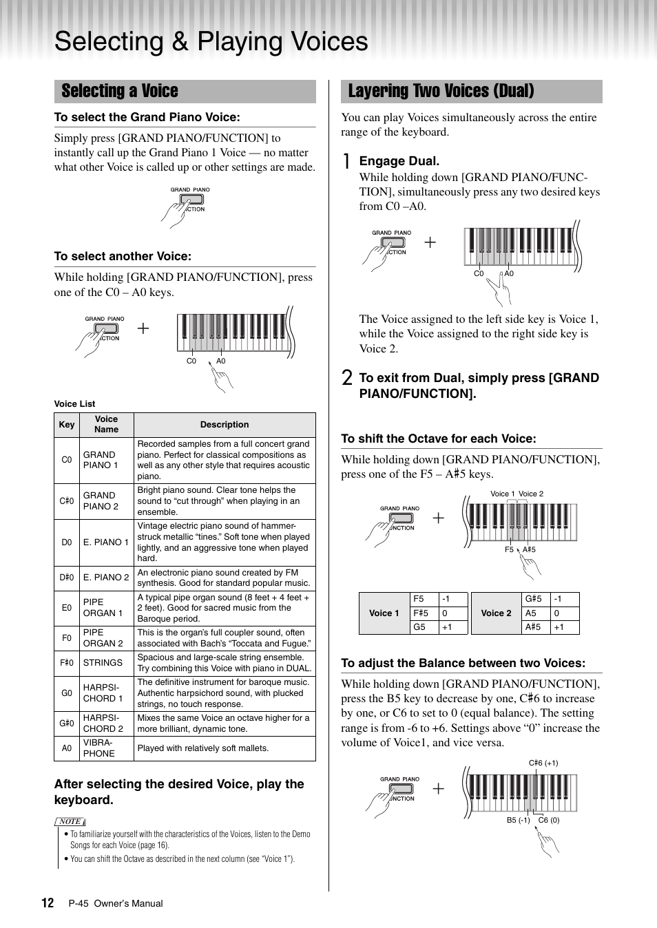 Reference, Selecting & playing voices, Selecting a voice | Layering two voices (dual), Engage dual | Yamaha P-45 User Manual | Page 12 / 24