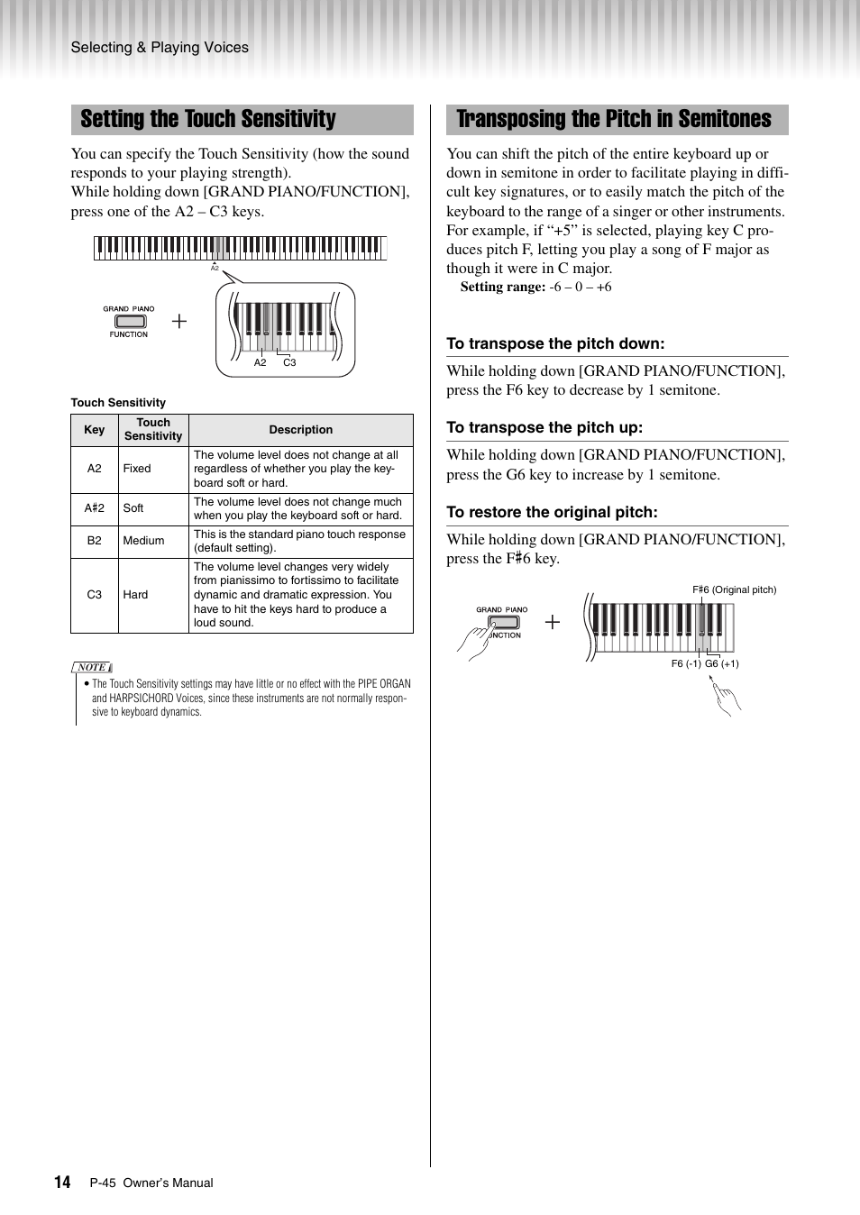 Setting the touch sensitivity, Transposing the pitch in semitones | Yamaha P-45 User Manual | Page 14 / 24