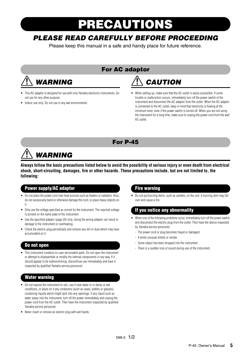 Precautions, Please read carefully before proceeding, Warning | Caution, For ac adaptor, For p-45 | Yamaha P-45 User Manual | Page 5 / 24