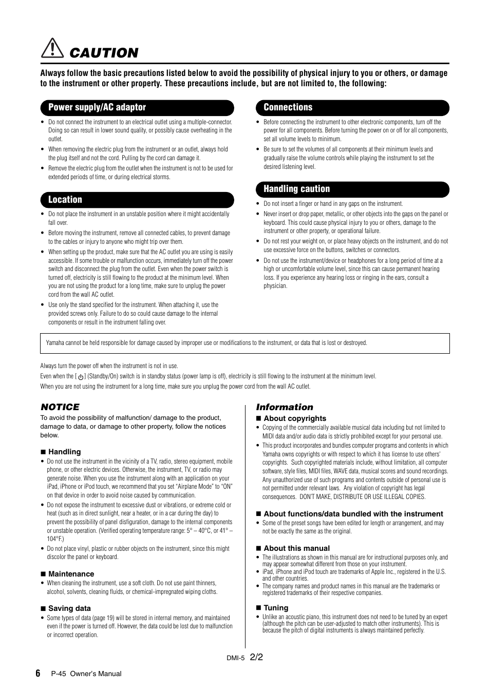 Caution, Notice, Information | Yamaha P-45 User Manual | Page 6 / 24