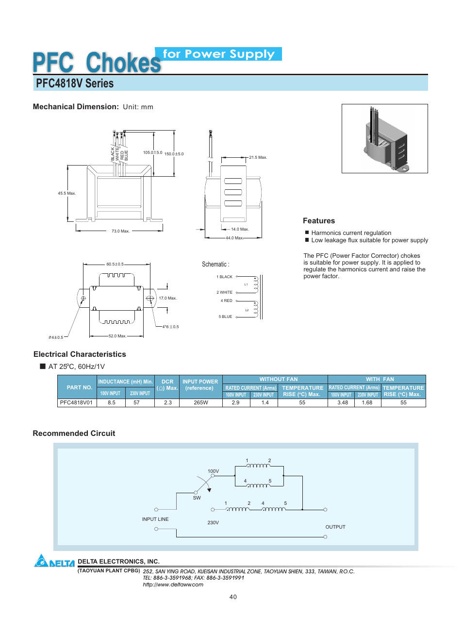 Delta Electronics PFC Chokes PFC4818V Series User Manual | 1 page