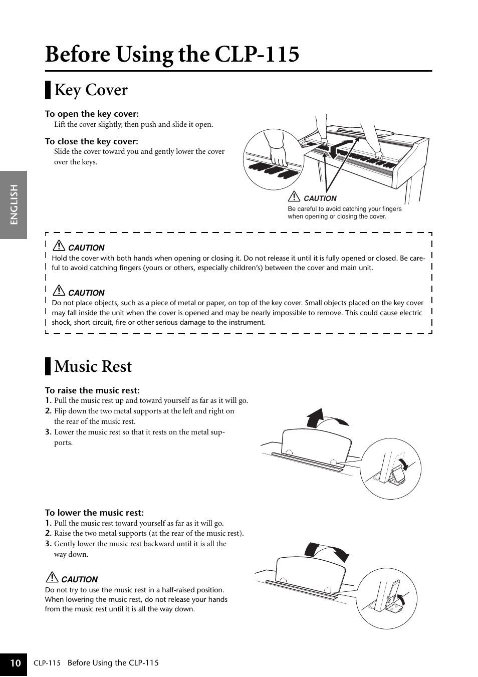 Before using the clp-115, Key cover, Music rest | Key cover music rest | Yamaha P-115 User Manual | Page 10 / 46