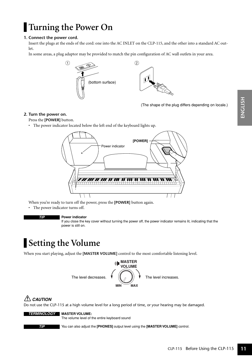 Turning the power on, Setting the volume, Turning the power on setting the volume | English 11 | Yamaha P-115 User Manual | Page 11 / 46
