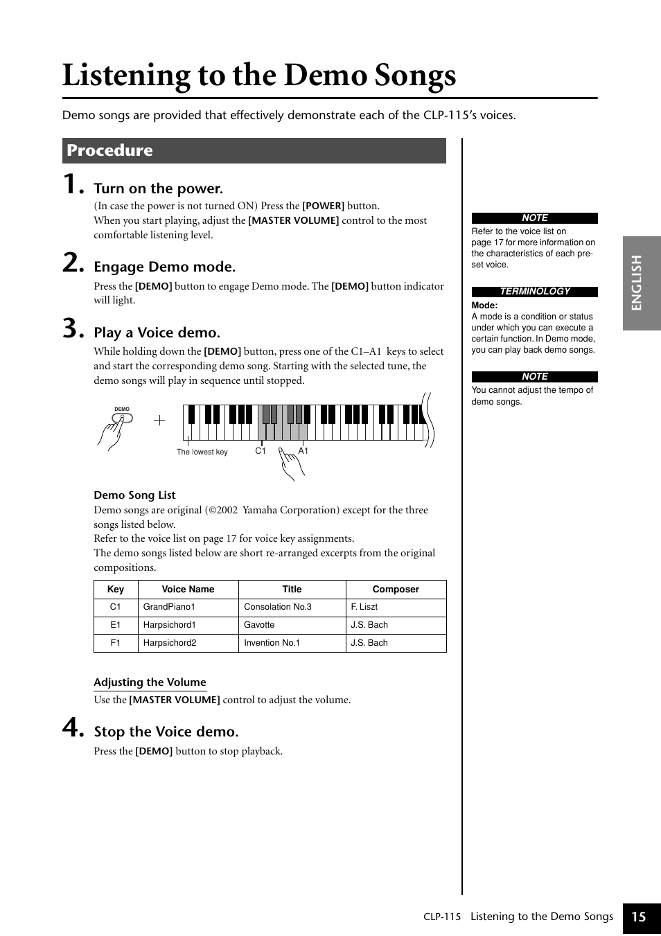 Listening to the demo songs, Procedure | Yamaha P-115 User Manual | Page 15 / 46