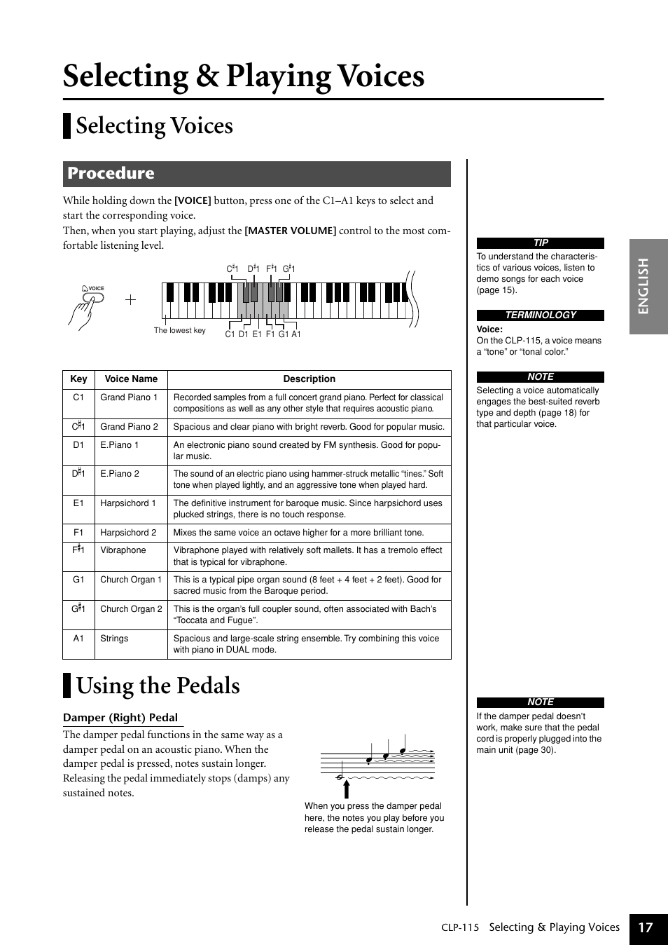 Selecting & playing voices, Selecting voices, Using the pedals | Selecting voices using the pedals, P17–19, Procedure, English 17 | Yamaha P-115 User Manual | Page 17 / 46