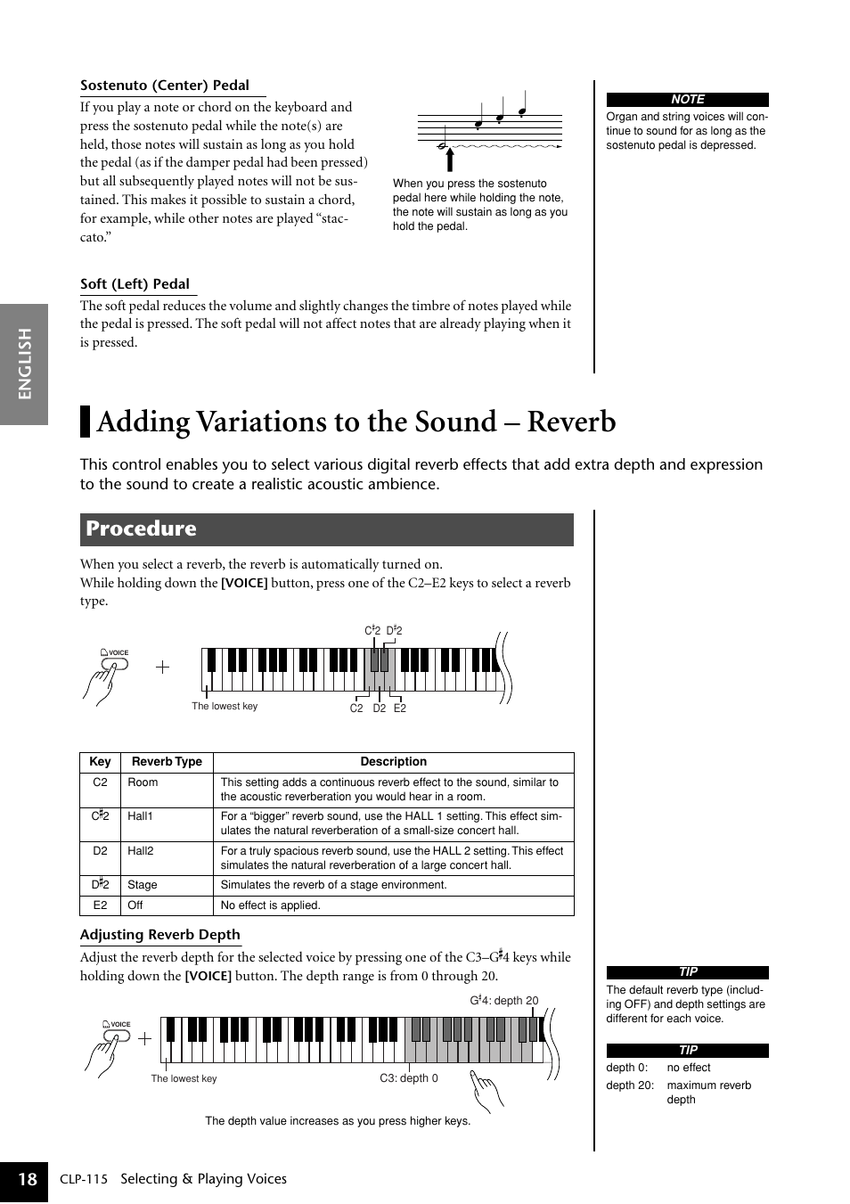 Adding variations to the sound – reverb, Procedure, English 18 | Yamaha P-115 User Manual | Page 18 / 46