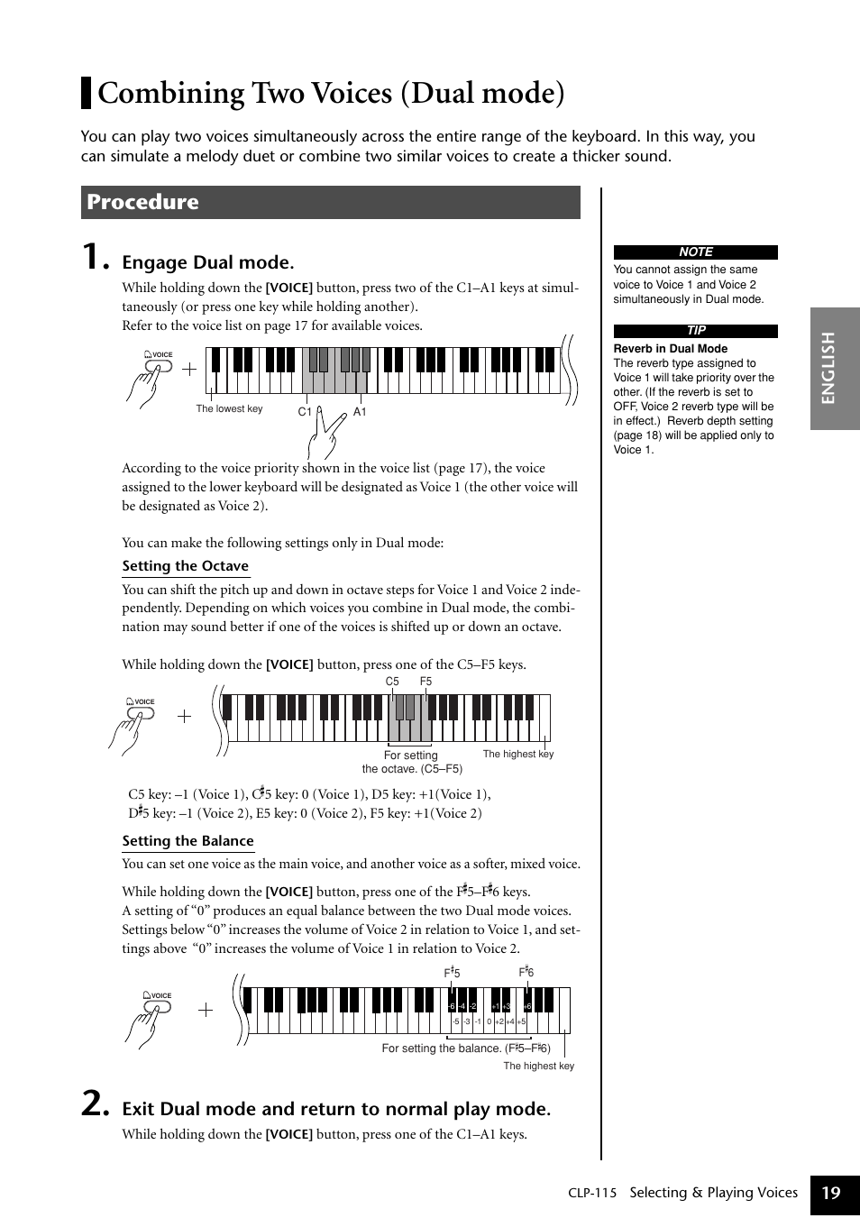 Combining two voices (dual mode), Procedure, Engage dual mode | Exit dual mode and return to normal play mode, English 19 | Yamaha P-115 User Manual | Page 19 / 46