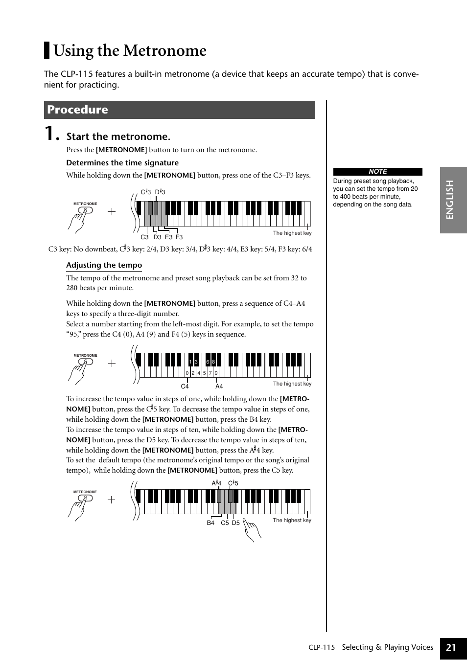 Using the metronome, Procedure, Start the metronome | English 21 | Yamaha P-115 User Manual | Page 21 / 46