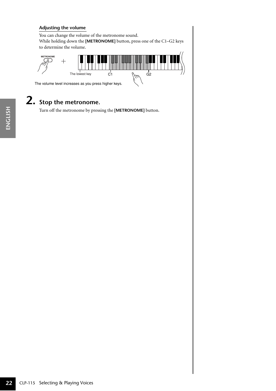 P21–22, Stop the metronome | Yamaha P-115 User Manual | Page 22 / 46