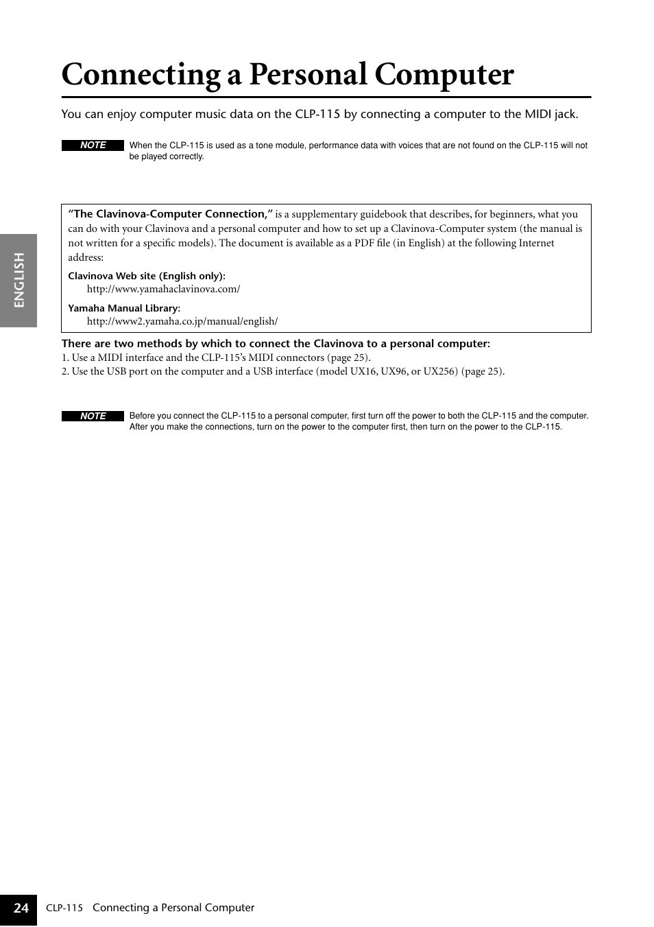 Connecting a personal computer | Yamaha P-115 User Manual | Page 24 / 46