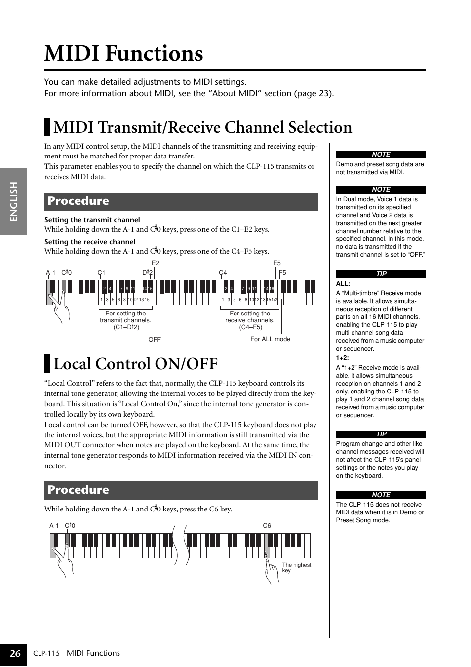 Midi functions, Midi transmit/receive channel selection, Local control on/off | Procedure, English 26 | Yamaha P-115 User Manual | Page 26 / 46