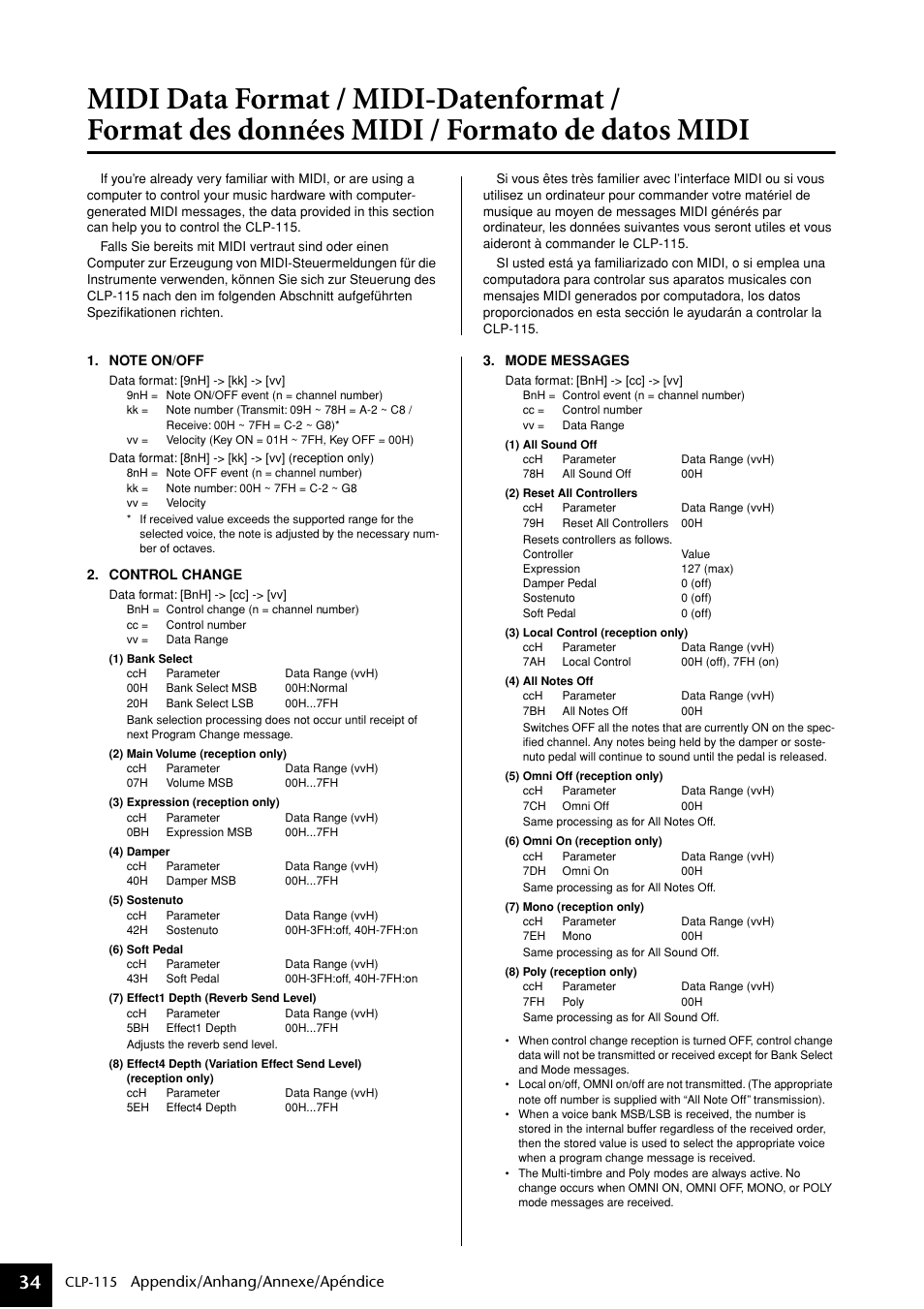 Midi data format / midi-datenformat, Format des données midi / formato de datos midi, Midi data format | Appendix/anhang/annexe/apéndice | Yamaha P-115 User Manual | Page 34 / 46