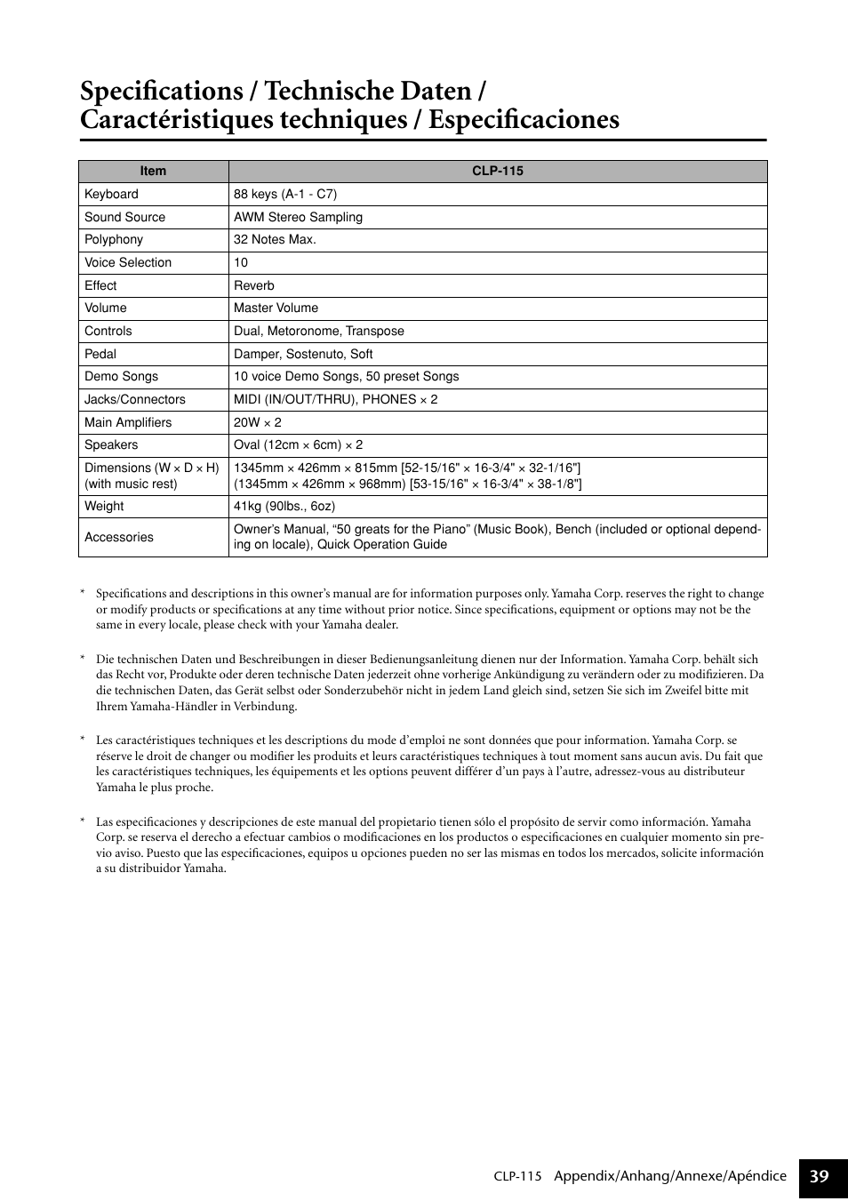 Specifications / technische daten, Caractéristiques techniques / especificaciones, Specifications | Yamaha P-115 User Manual | Page 39 / 46