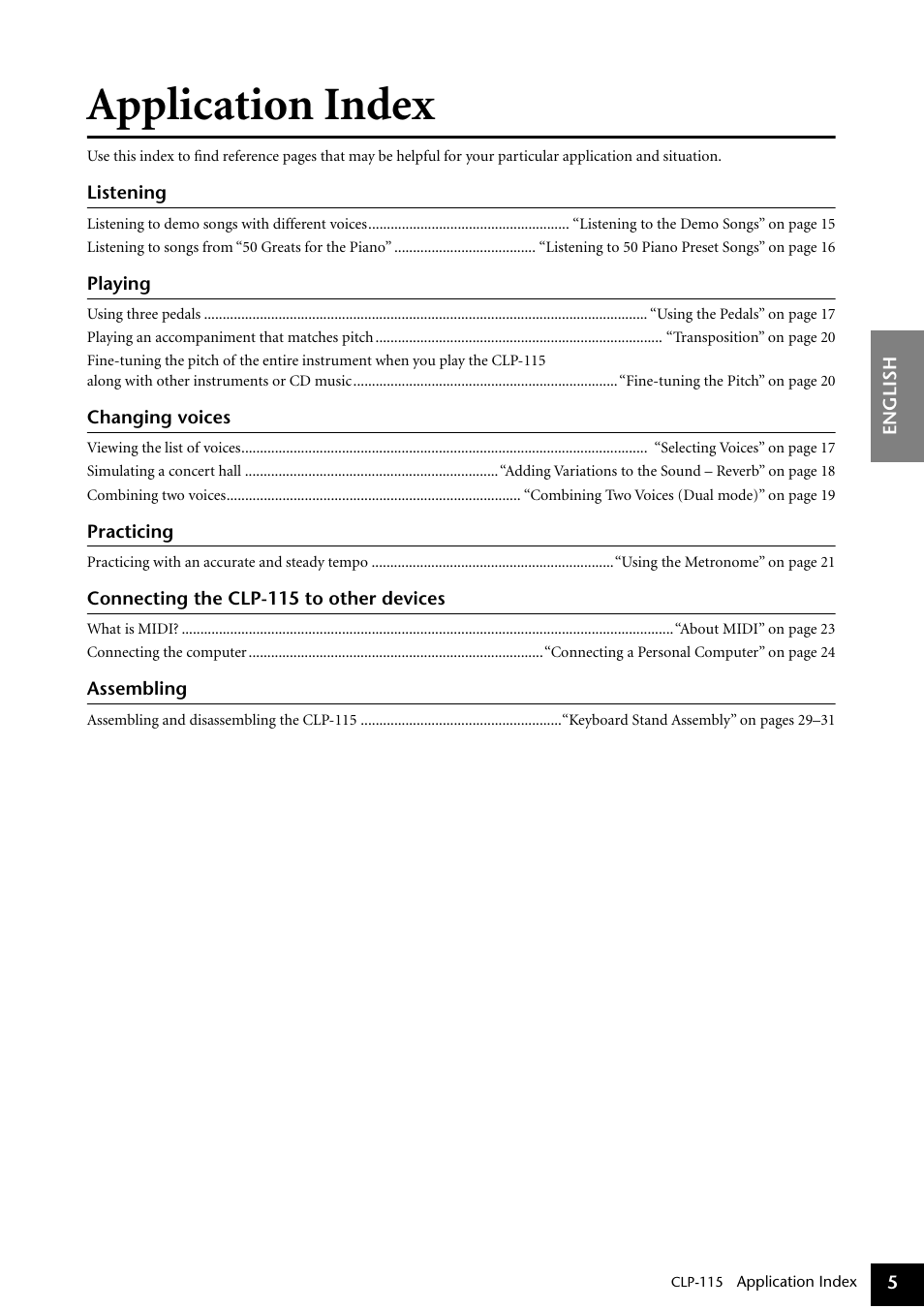Application index | Yamaha P-115 User Manual | Page 5 / 46