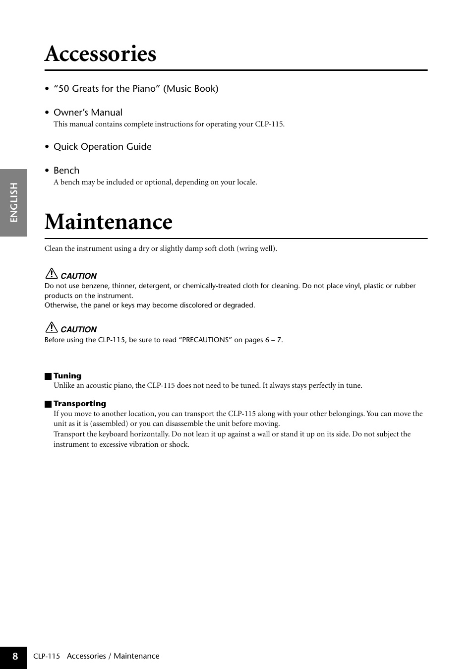 Accessories, Maintenance | Yamaha P-115 User Manual | Page 8 / 46